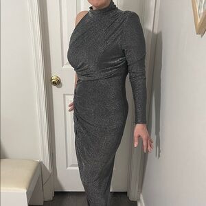Express One-Shoulder Metallic Charcoal Evening Dress